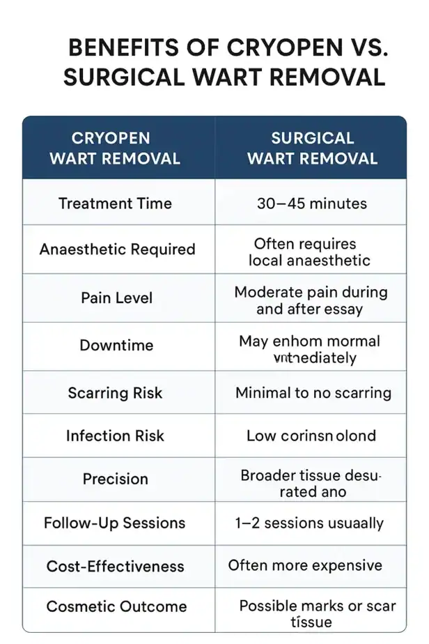 Table showing the benefits of cryopen to remove warts Sheffield compared to surgical treatment